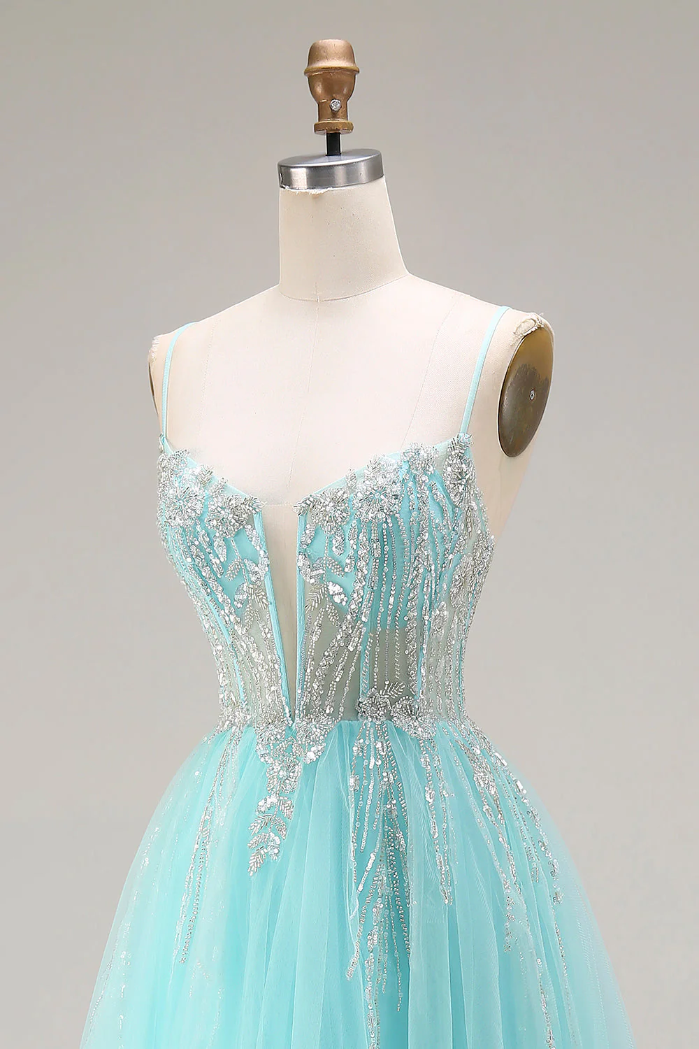 Mint A-Line Sequins Sheer Corset Beaded Long Prom Dress with Lace Up Back - Image 6