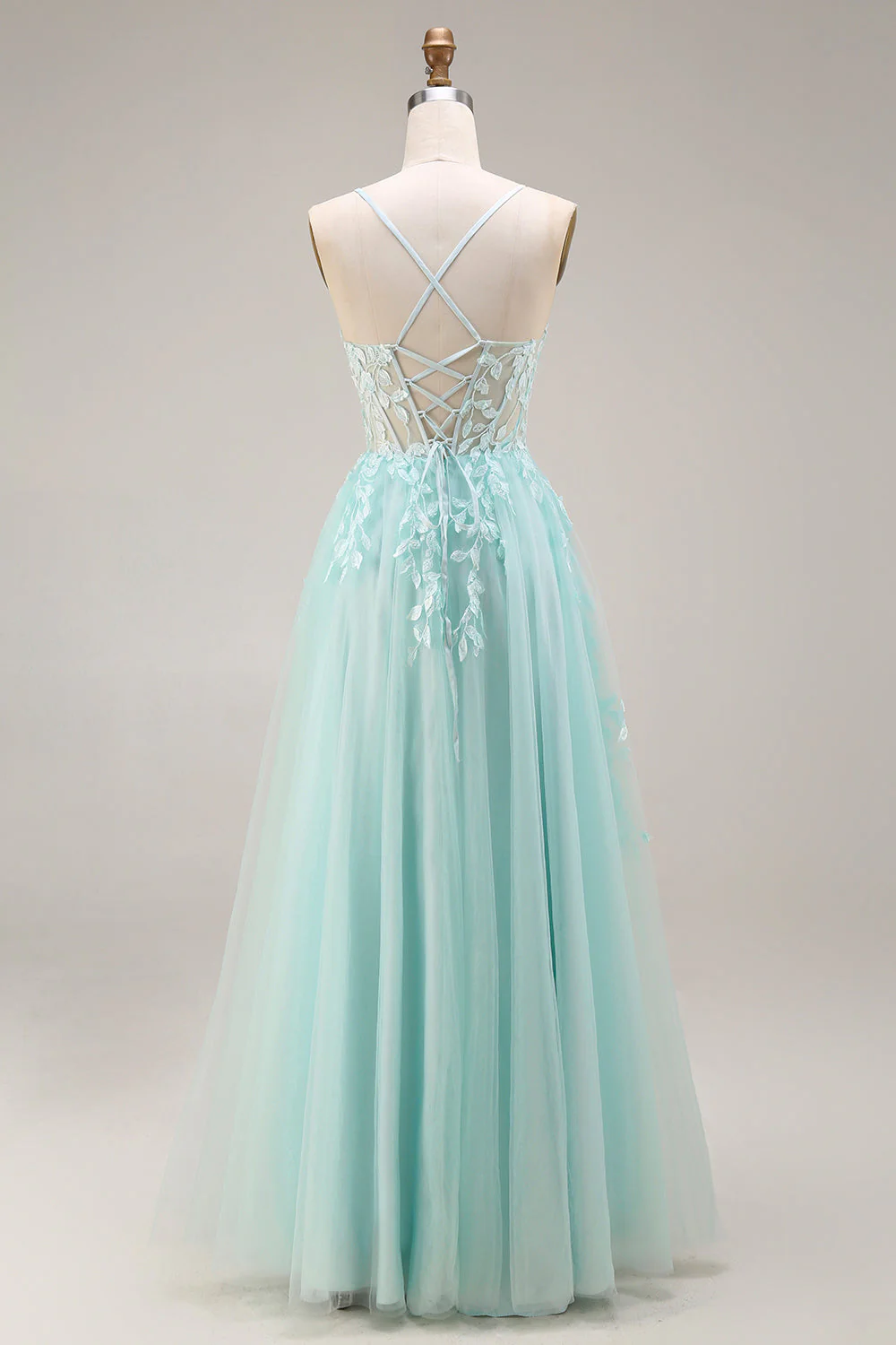 Mint Appliqued A Line Corset Spaghetti Straps Long Tulle Prom Dress with Slit - Image 2