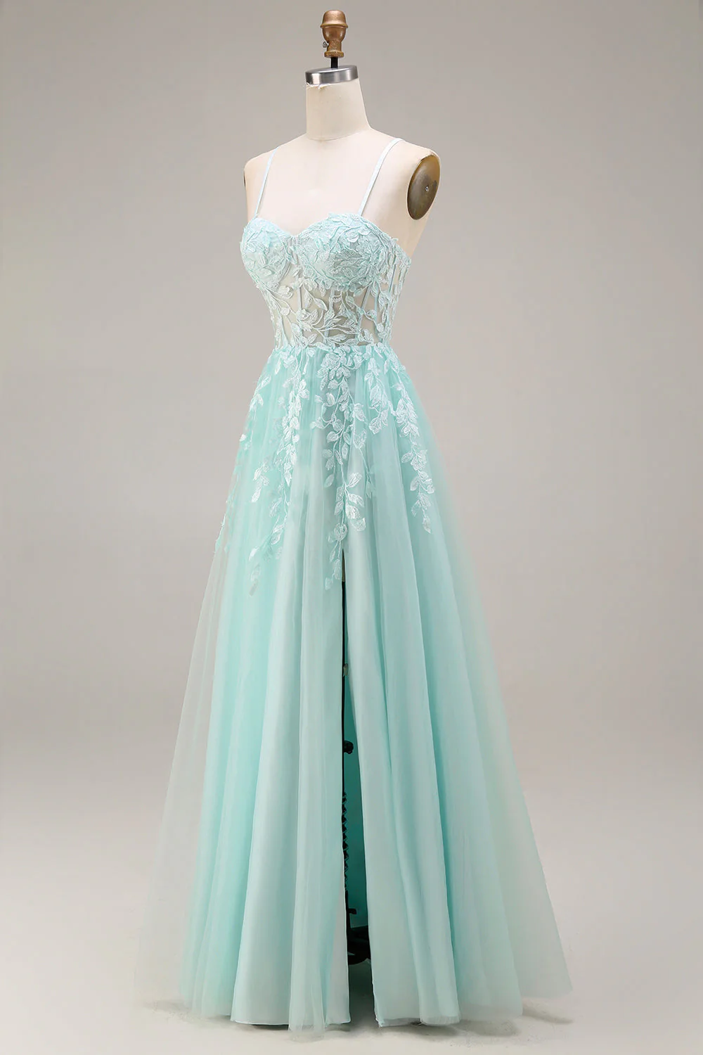 Mint Appliqued A Line Corset Spaghetti Straps Long Tulle Prom Dress with Slit - Image 3