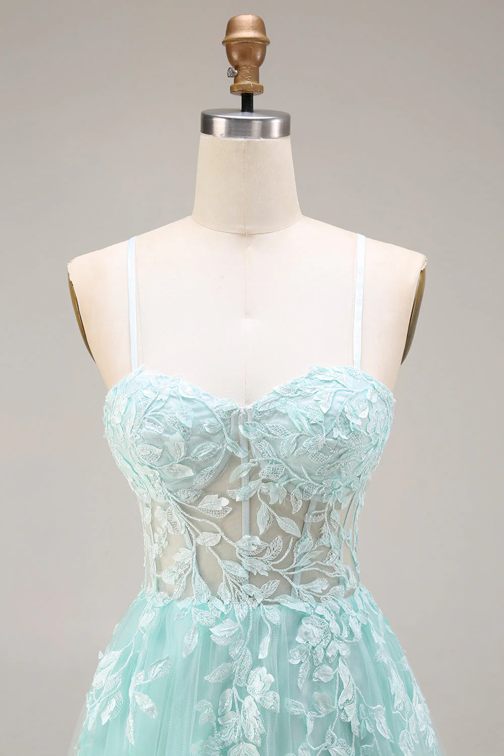 Mint Appliqued A Line Corset Spaghetti Straps Long Tulle Prom Dress with Slit - Image 4