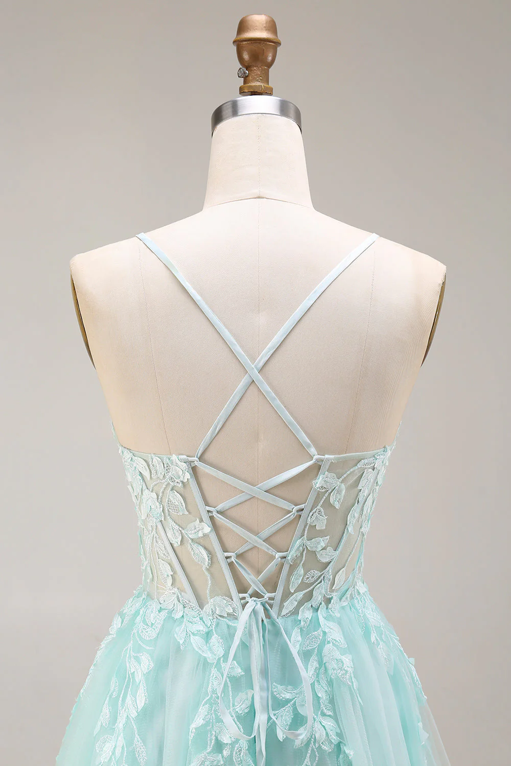 Mint Appliqued A Line Corset Spaghetti Straps Long Tulle Prom Dress with Slit - Image 5