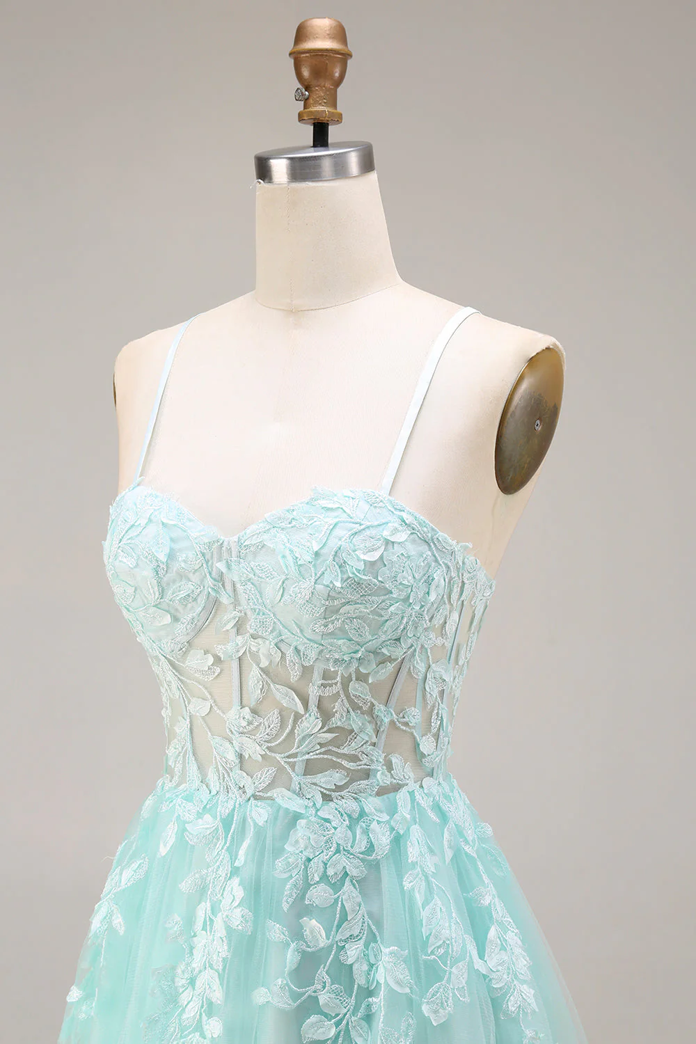 Mint Appliqued A Line Corset Spaghetti Straps Long Tulle Prom Dress with Slit - Image 6