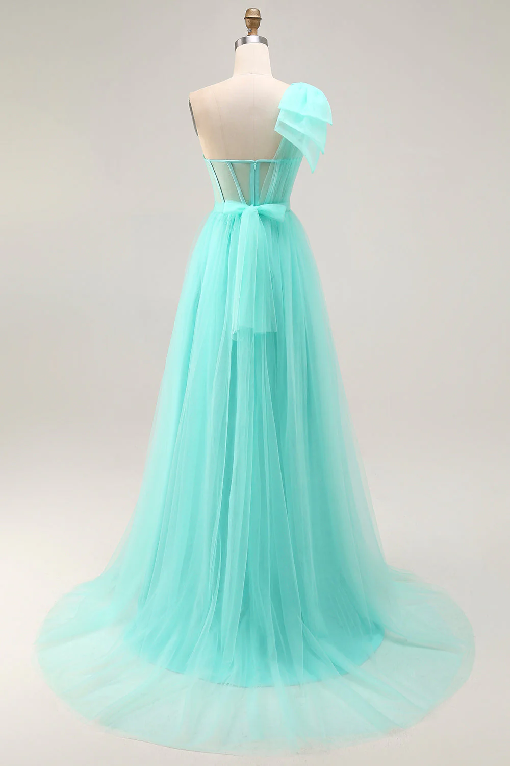 Mint Green A Line One Shoulder Corset Long Prom Dress With Slit - Image 2