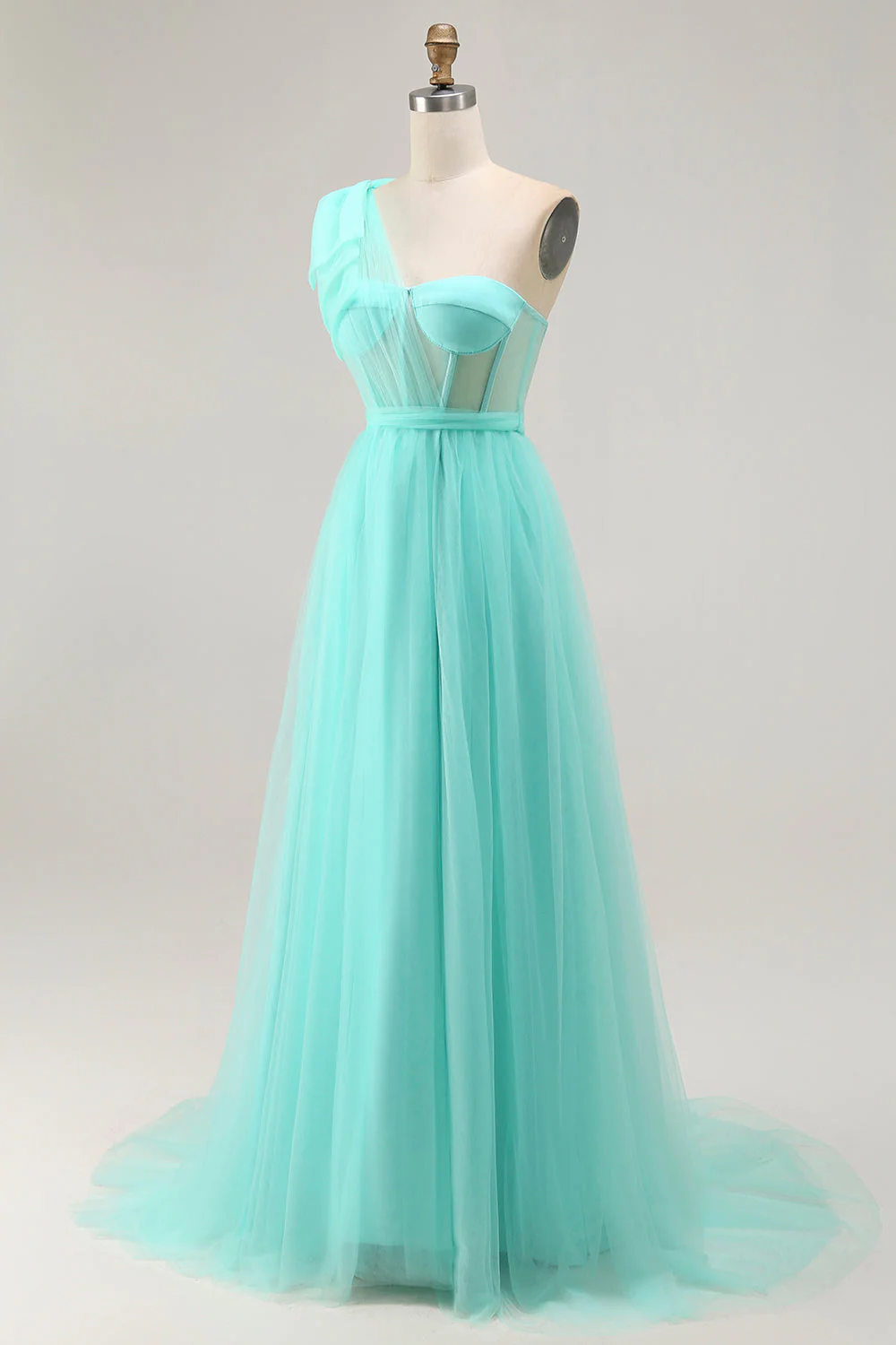Mint Green A Line One Shoulder Corset Long Prom Dress With Slit - Image 3