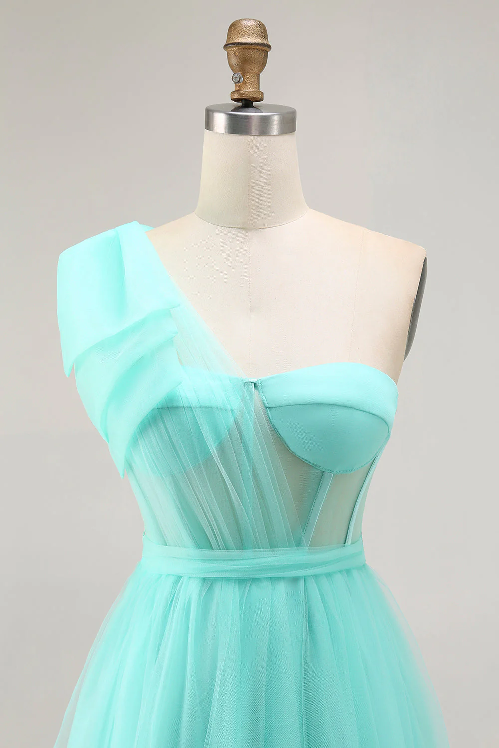 Mint Green A Line One Shoulder Corset Long Prom Dress With Slit - Image 4