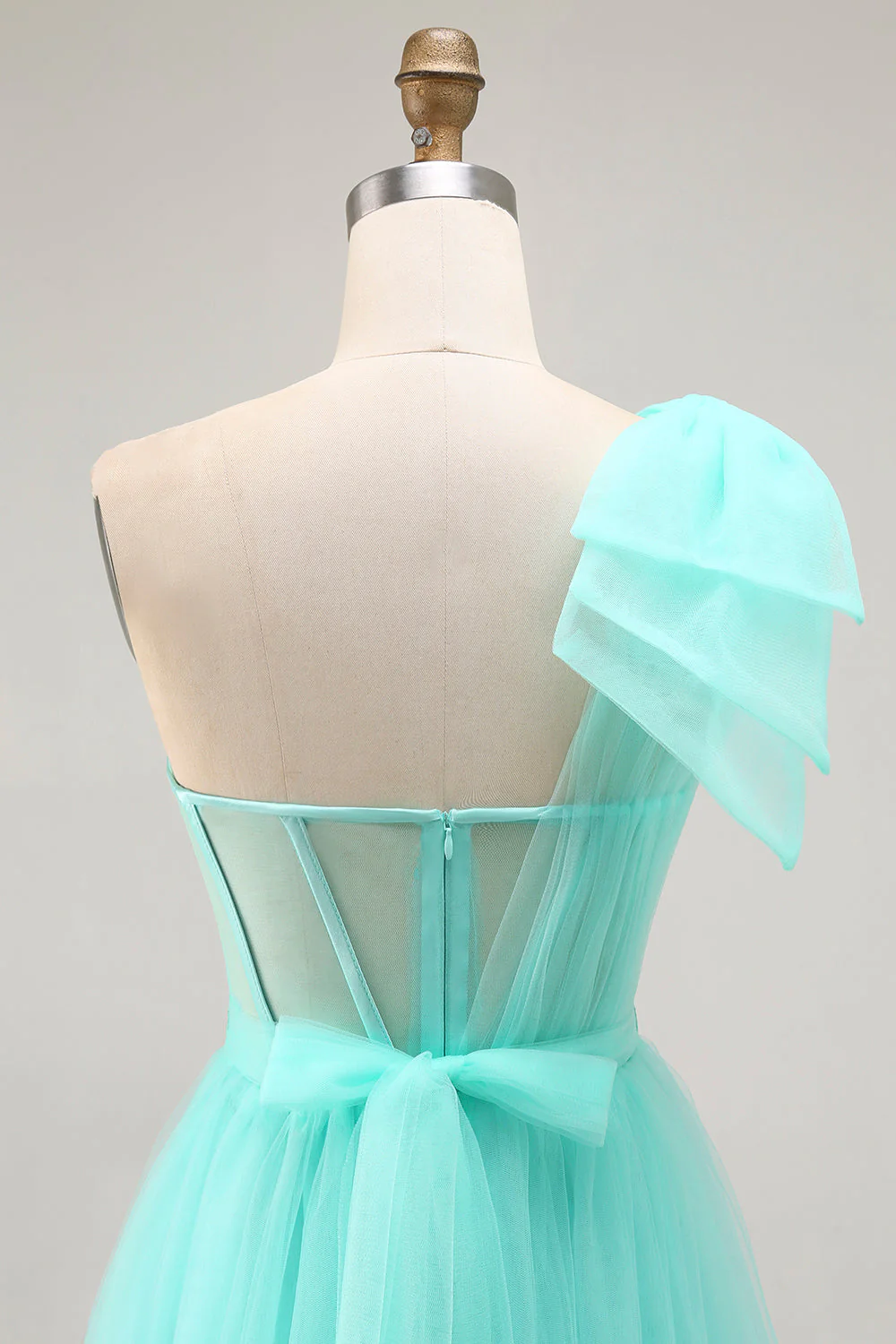 Mint Green A Line One Shoulder Corset Long Prom Dress With Slit - Image 5