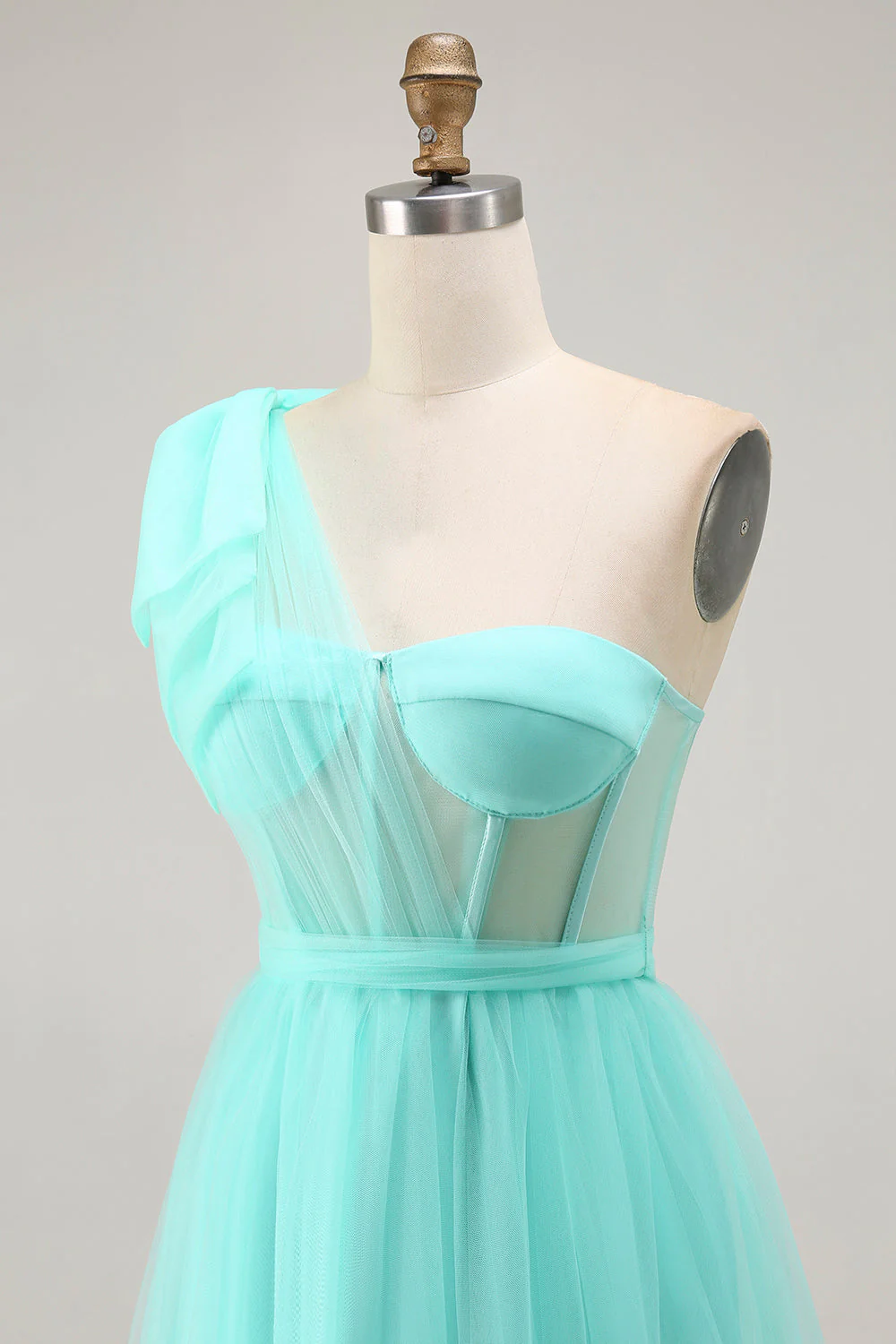 Mint Green A Line One Shoulder Corset Long Prom Dress With Slit - Image 6