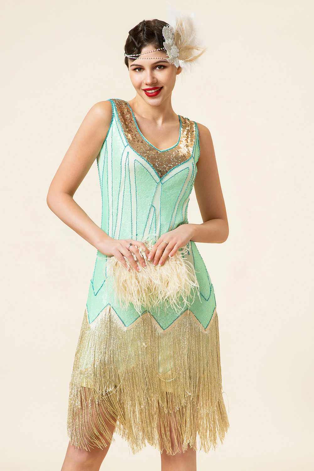Mint Green Sequined Fringes 1920s Gatsby Flapper Dress with 20s Accessories Set - Image 5