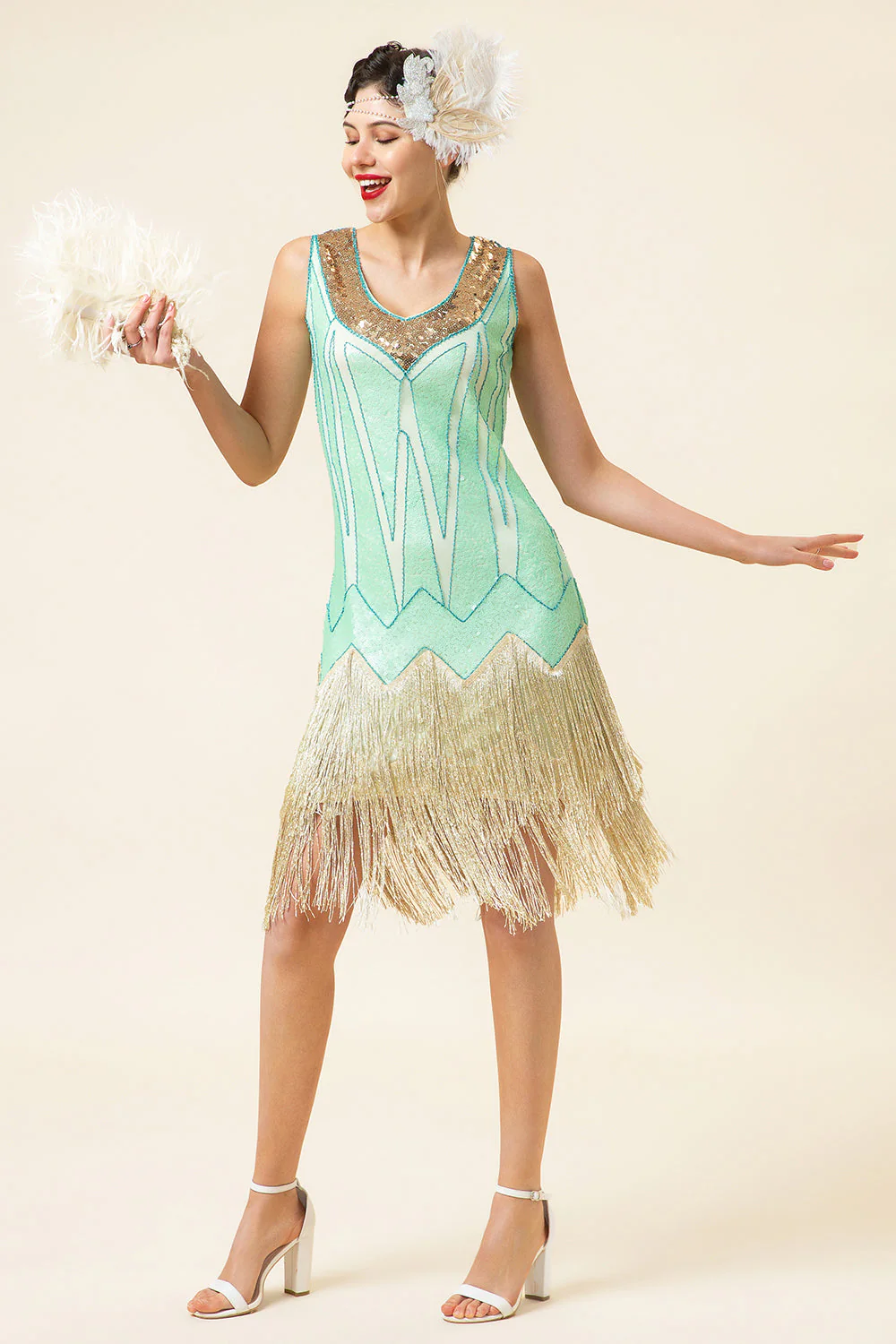 Mint Green Sequined Fringes 1920s Gatsby Flapper Dress with 20s Accessories Set - Image 6