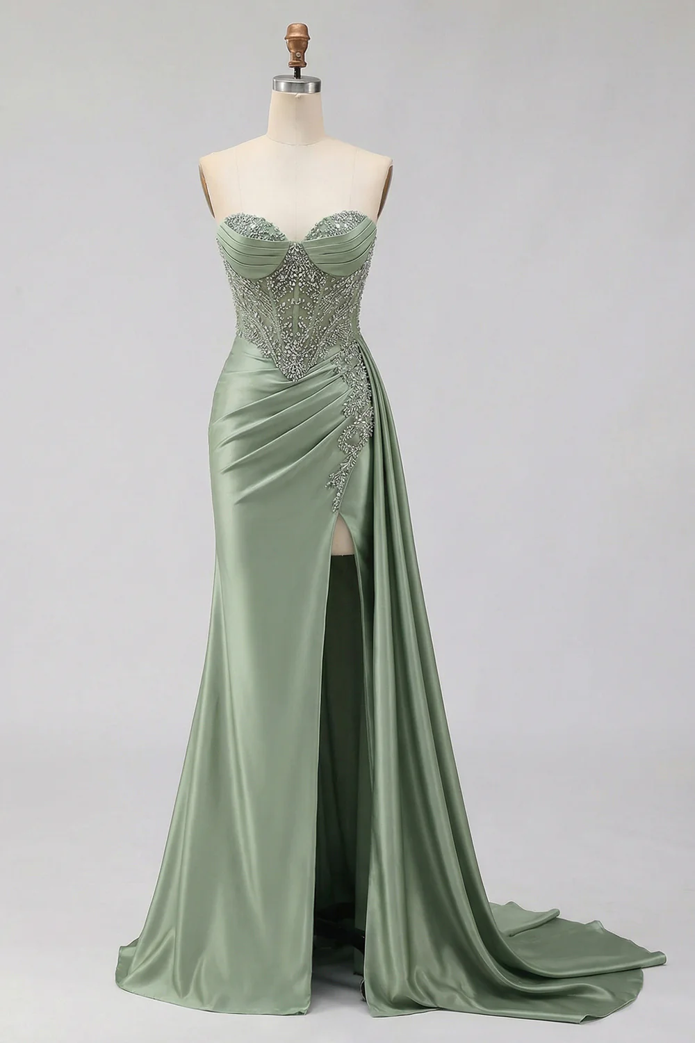Mint Green Sweetheart Mermaid Beaded Long Plus Size Prom Dress with Slit - Image 13