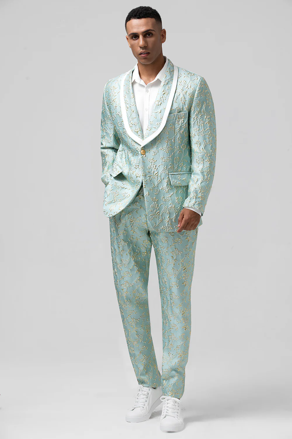 Mint Shawl Lapel Jacquard 2 Pieces Men's Prom Suits - Image 3