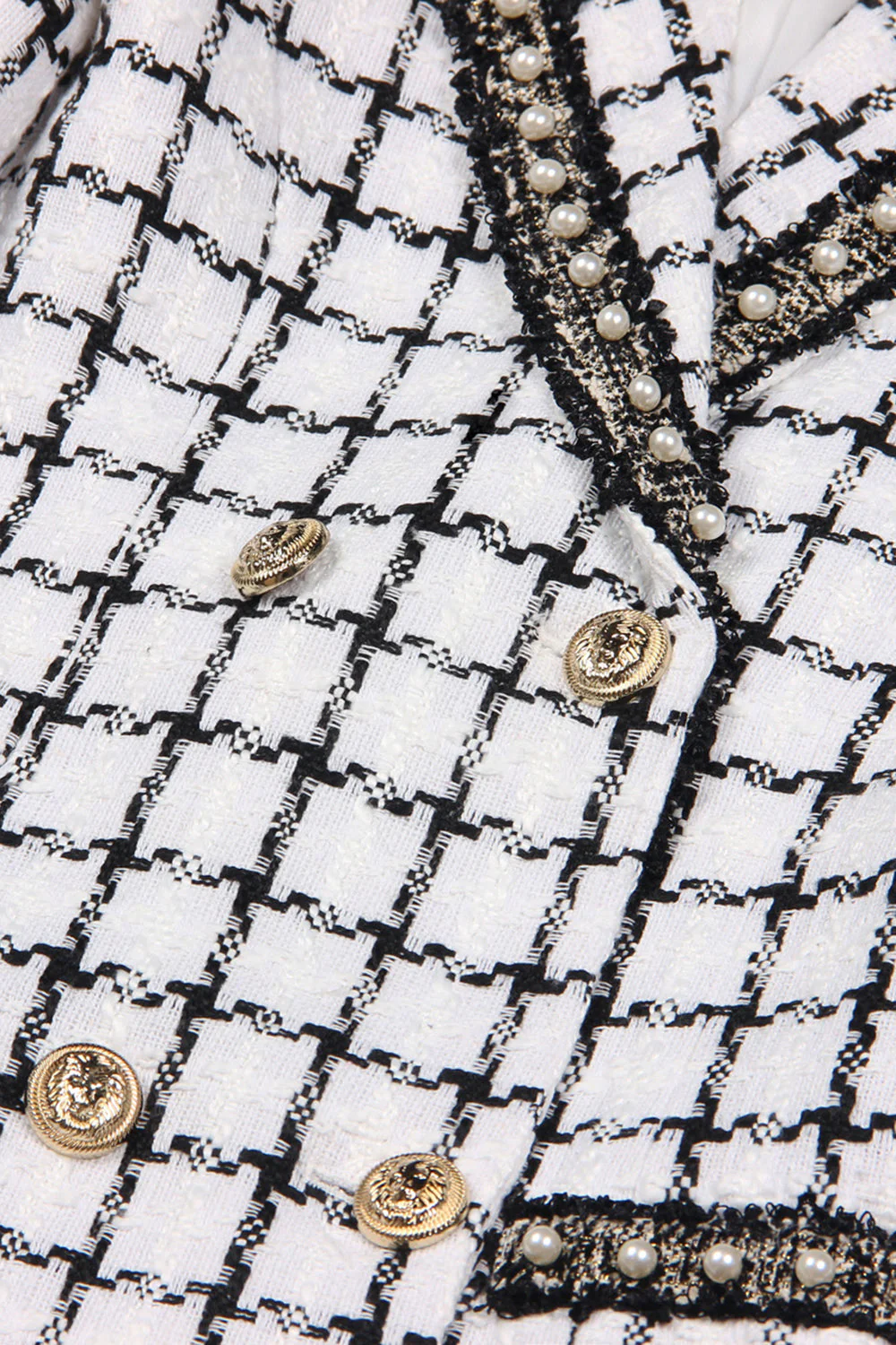 Mix Black Grid Peak Lapel Women Coat with pearl - Image 5