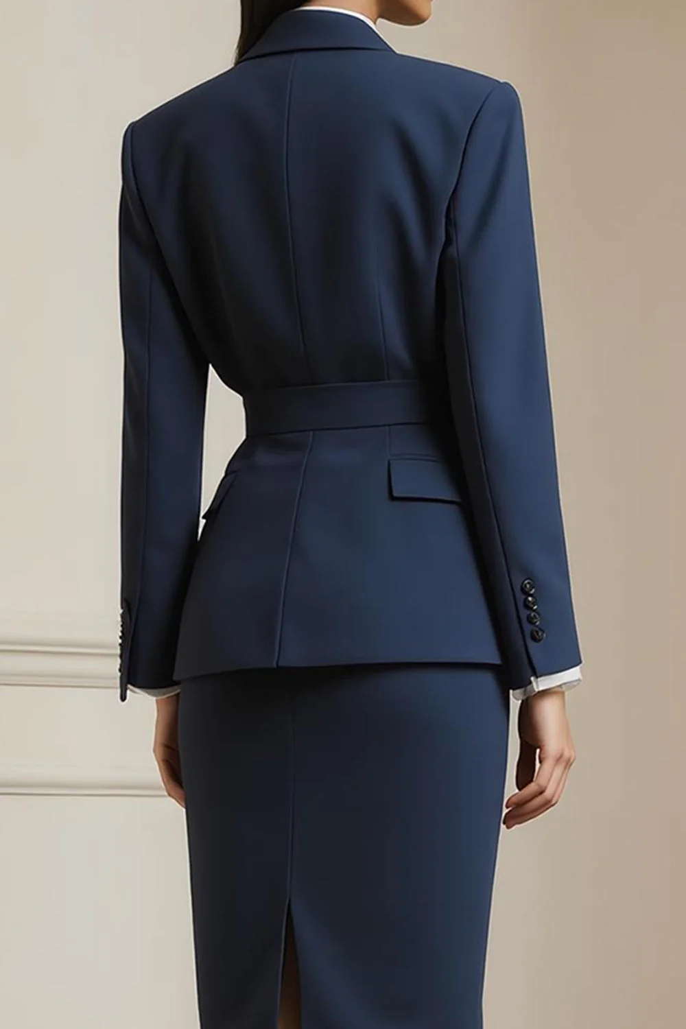 Navy 2 Piece Peak Lapel Pencil Midi Business Suits with Belt - Image 3