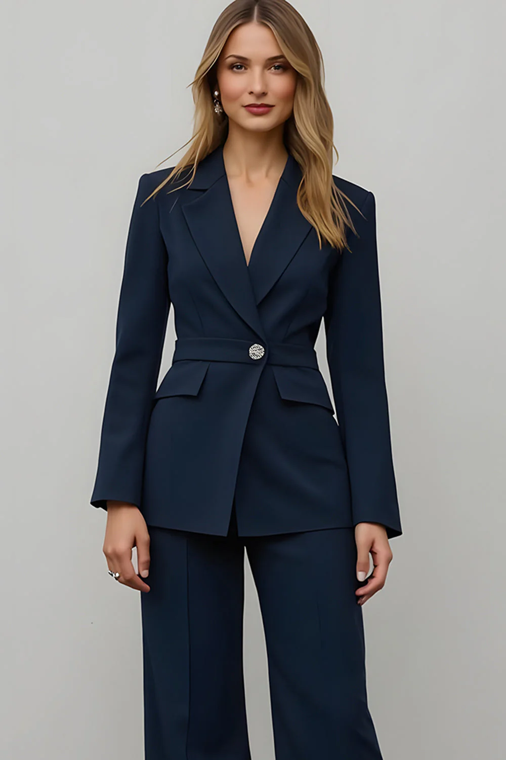 Navy 2 Piece Satin Notched Lapel Women Prom Suits - Image 3