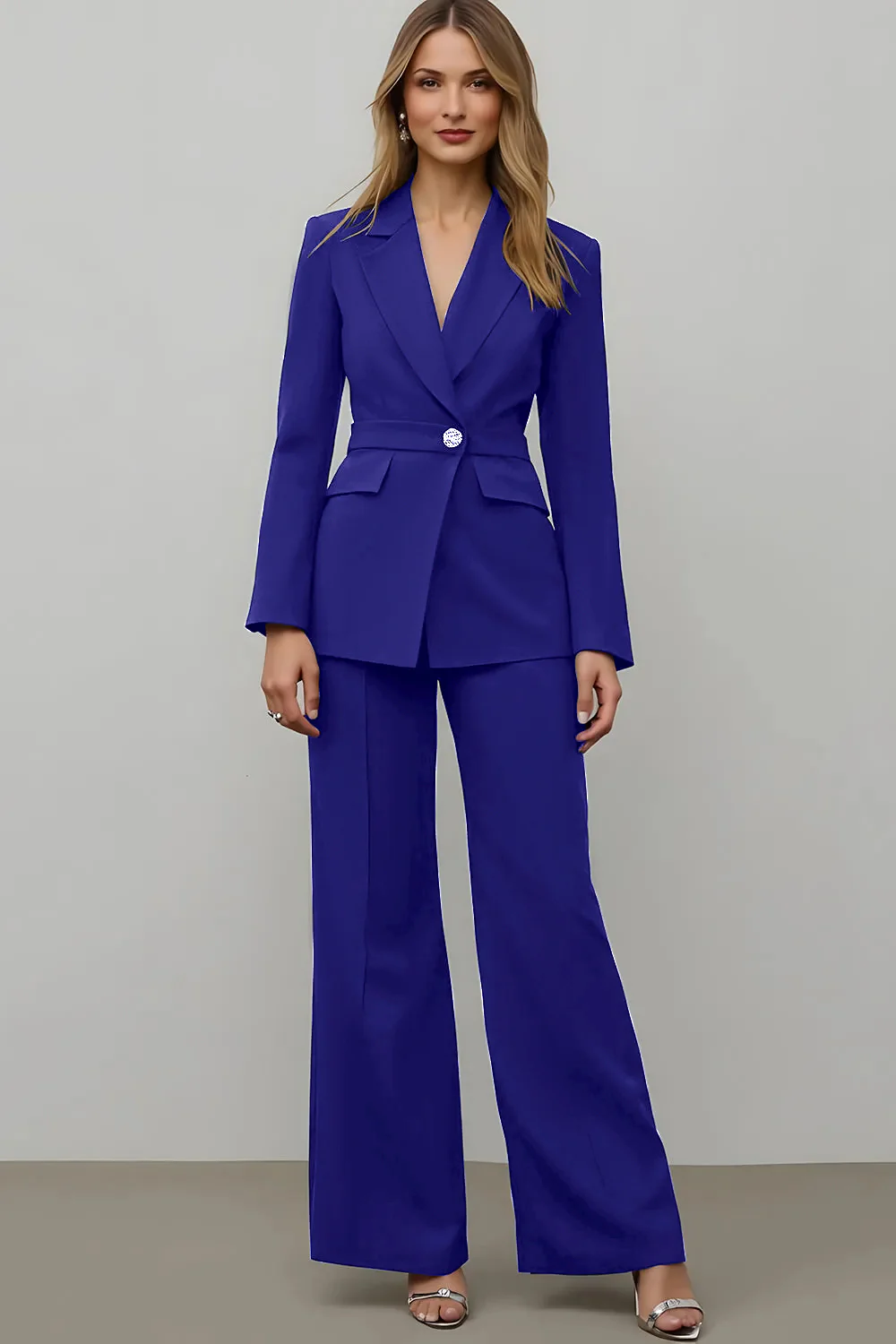 Navy 2 Piece Satin Notched Lapel Women Prom Suits - Image 9