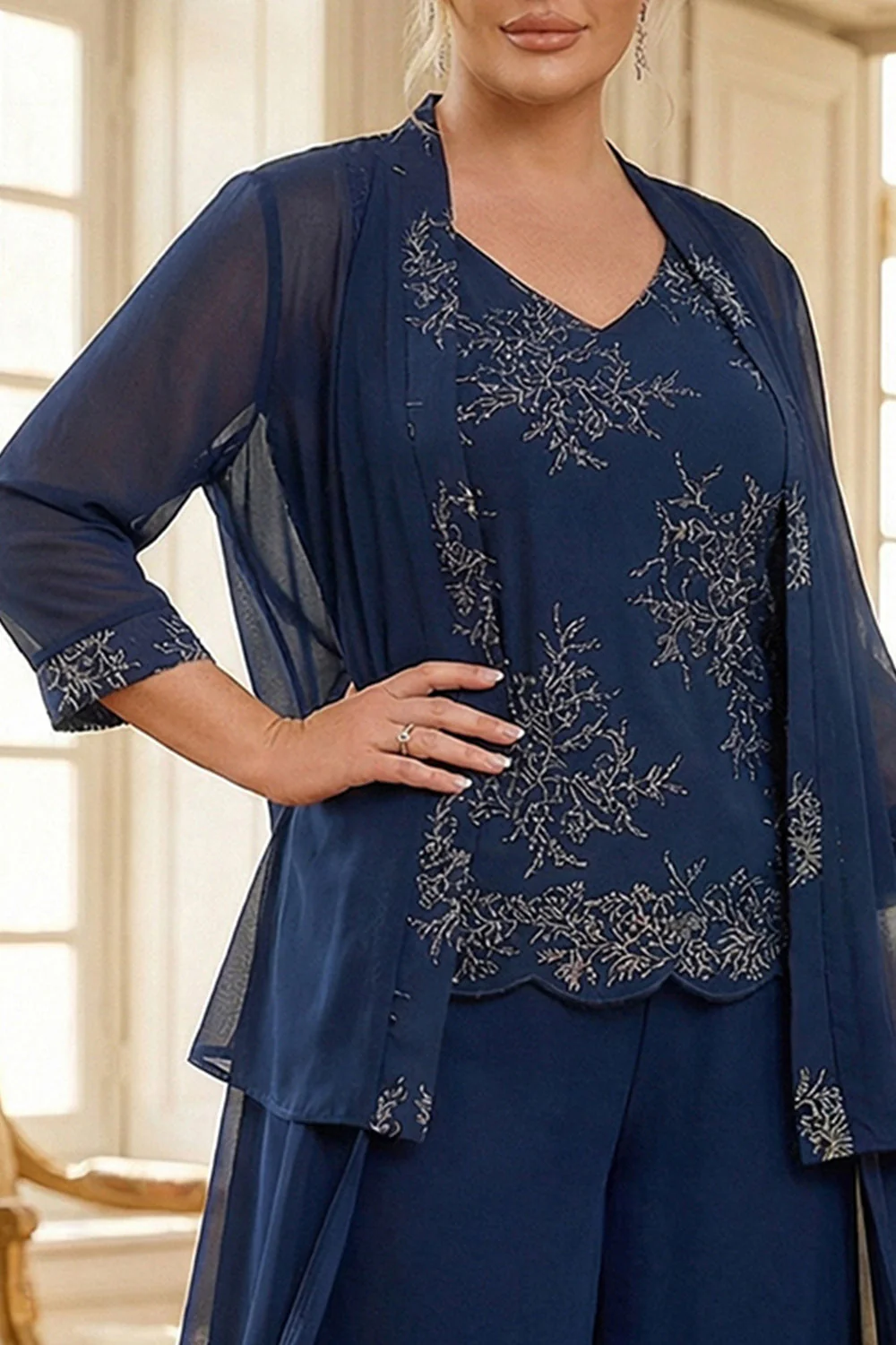 Navy 3 Piece Embroidered Mother of the Bride Pant Suits - Image 3
