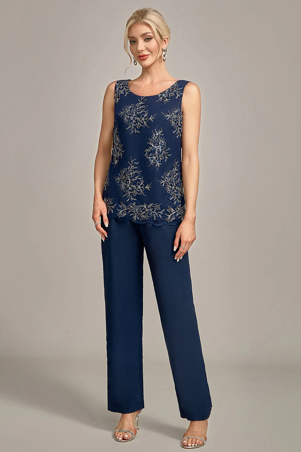 Navy 3 Piece Mother of the Bride Pant Suits with Appliques - Image 3