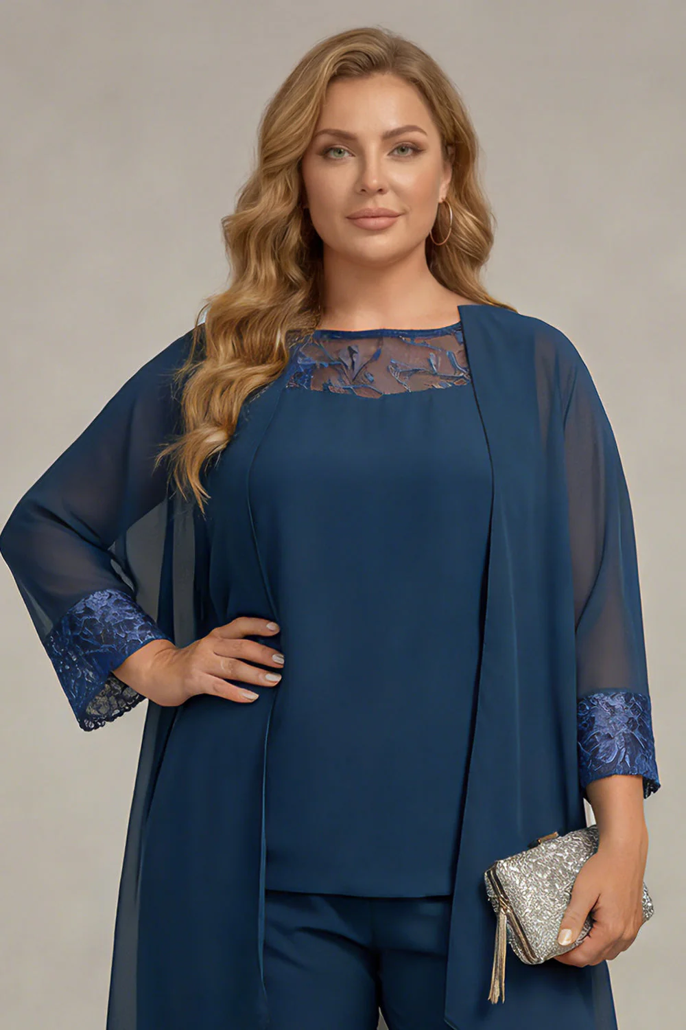 Navy 3 Pieces Long Sleeves Plus Size Mother of the Bride Pant Suits - Image 3