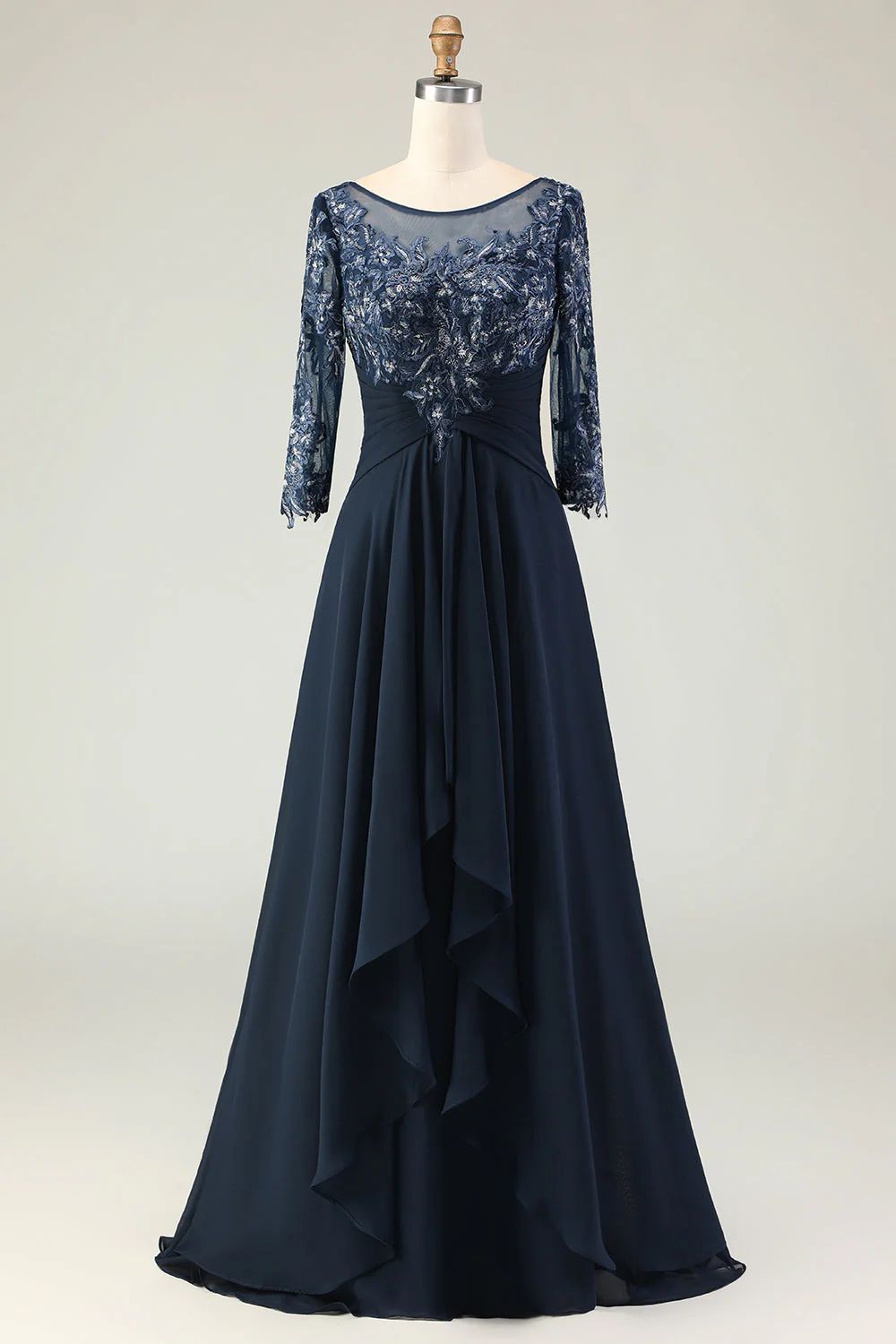Navy A Line Appliqued Boat Neck Long Choir Dress with 3/4 Sleeves - Image 2