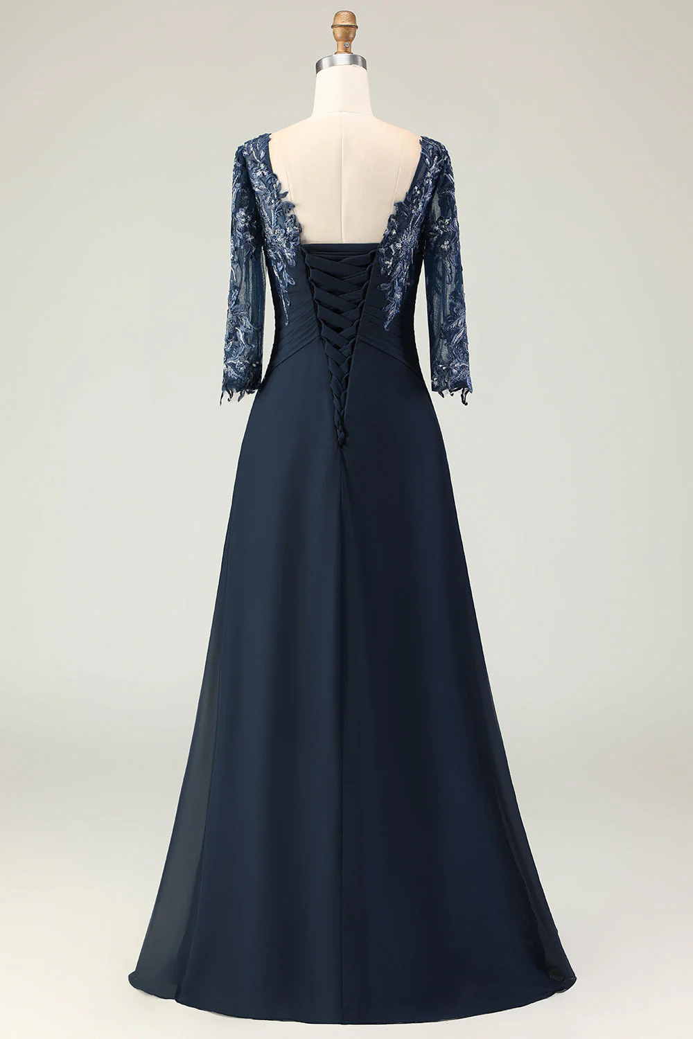 Navy A Line Appliqued Boat Neck Long Choir Dress with 3/4 Sleeves - Image 3