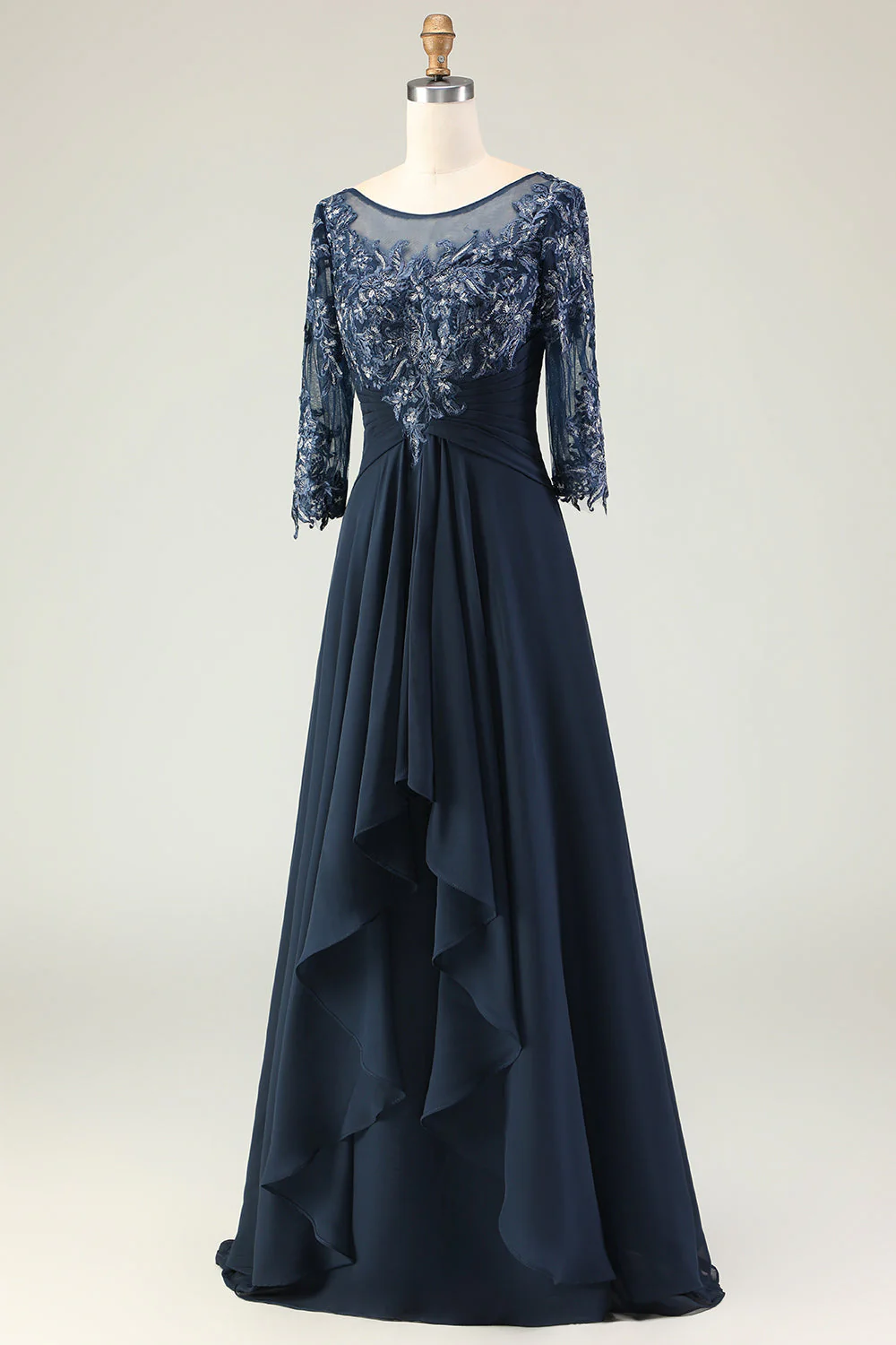 Navy A Line Appliqued Boat Neck Long Choir Dress with 3/4 Sleeves - Image 4