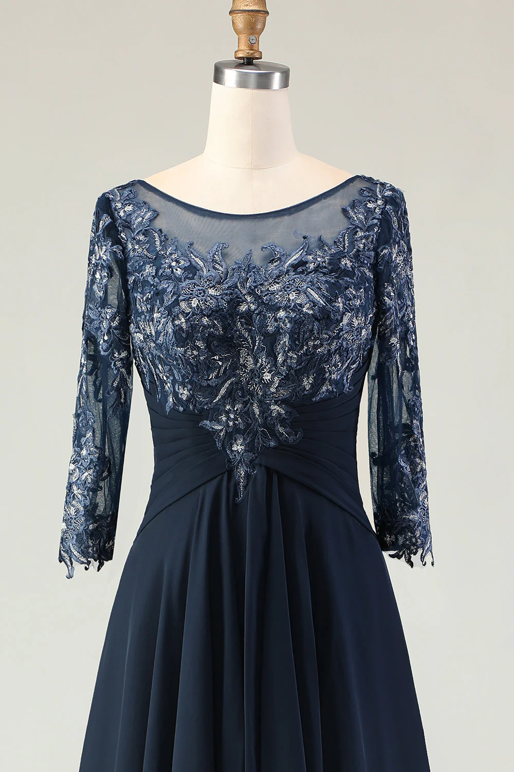 Navy A Line Appliqued Boat Neck Long Choir Dress with 3/4 Sleeves - Image 5