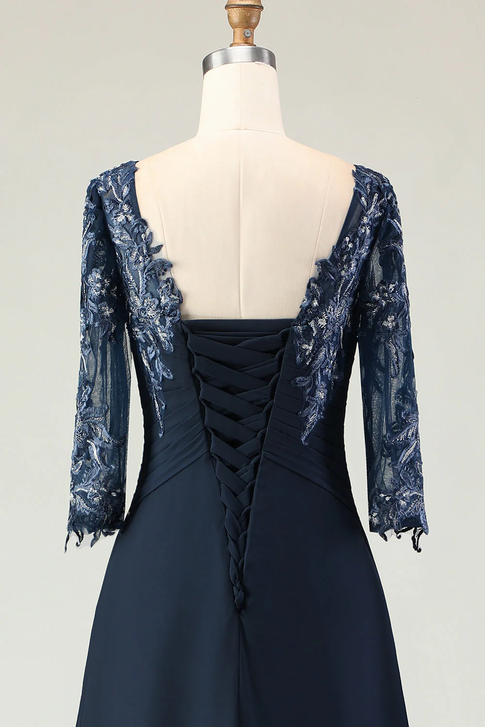 Navy A Line Appliqued Boat Neck Long Choir Dress with 3/4 Sleeves - Image 6