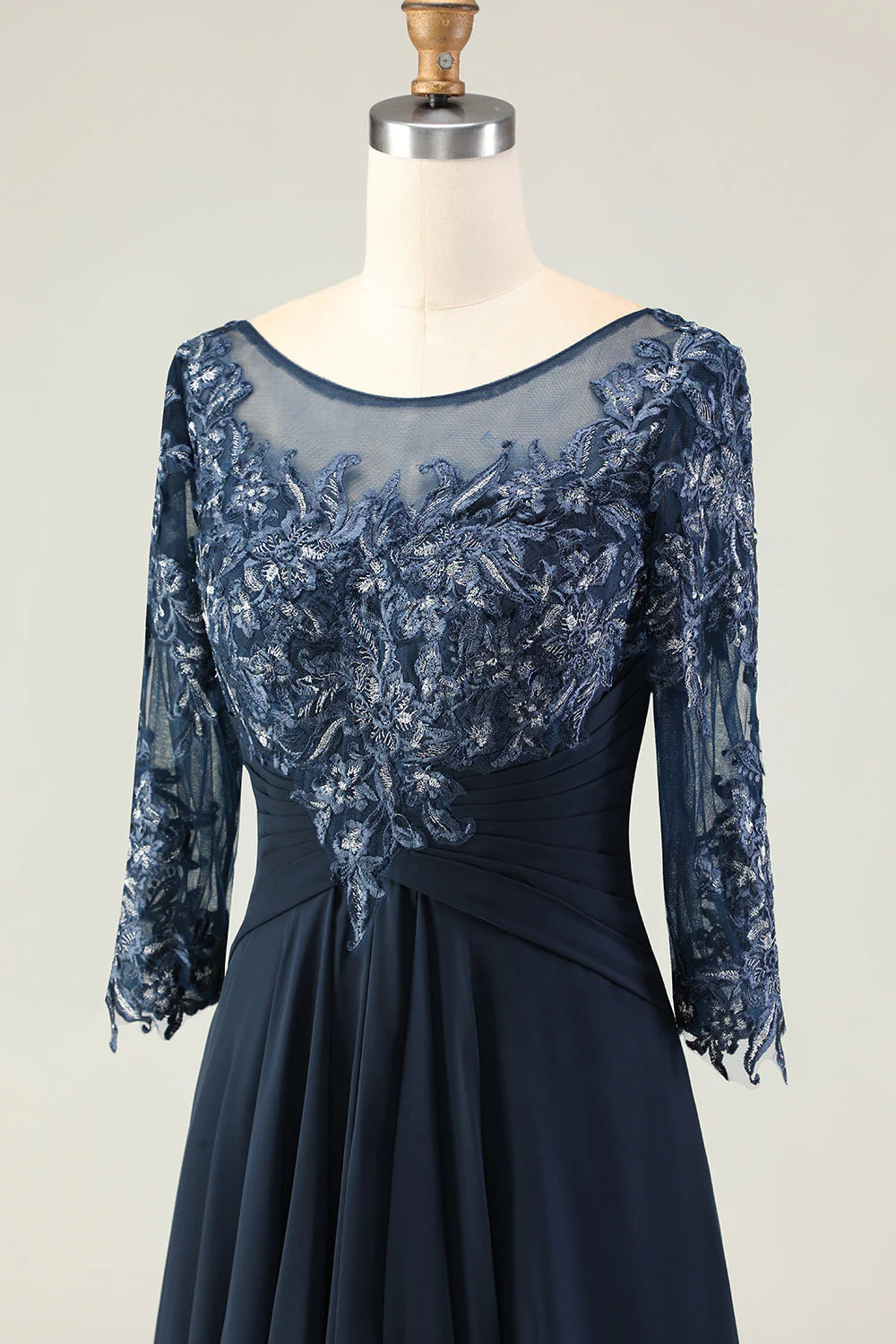 Navy A Line Appliqued Boat Neck Long Choir Dress with 3/4 Sleeves - Image 7