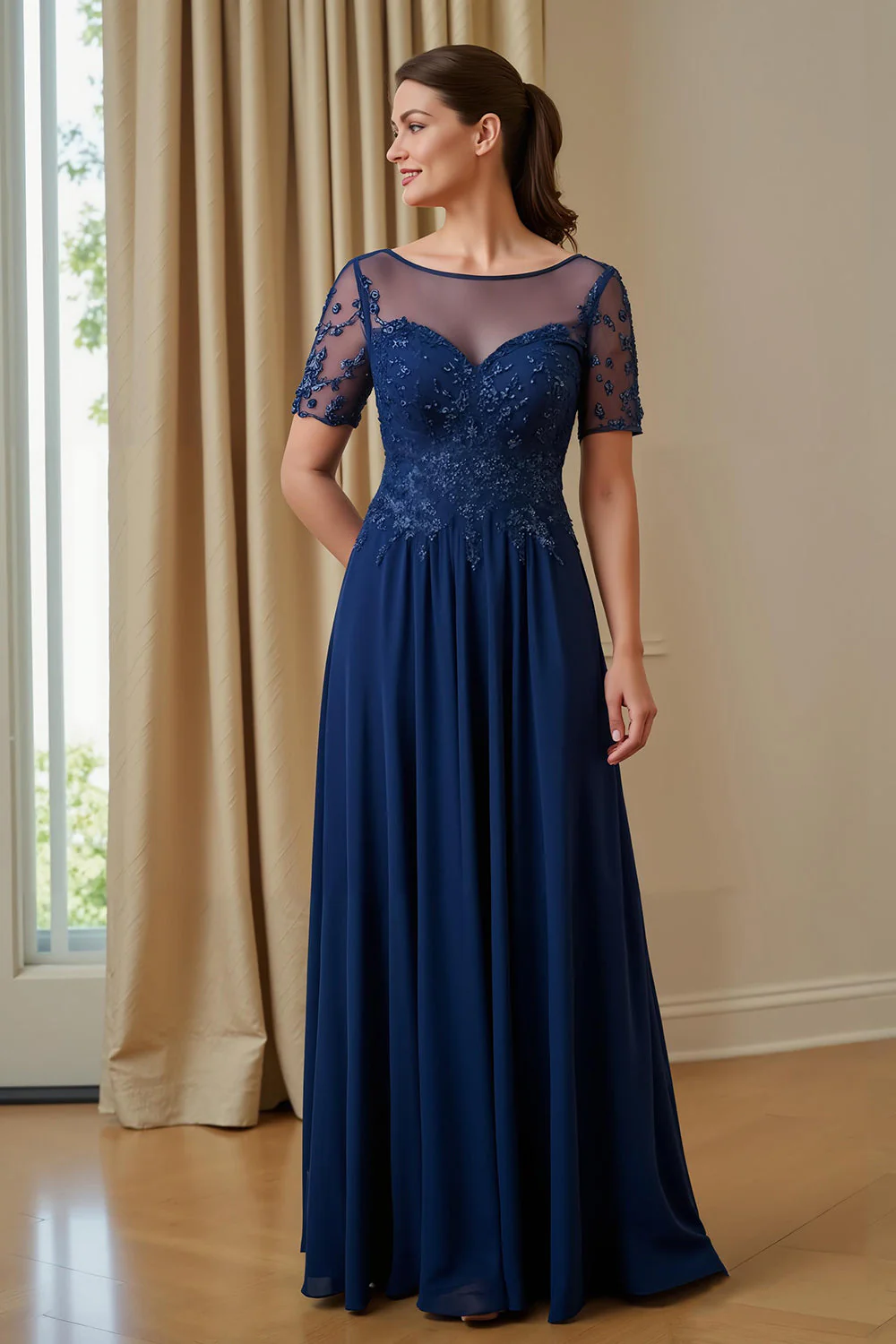 Navy A Line Appliqued Illusion Neck Long Choir Dress with Short Sleeves - Image 2