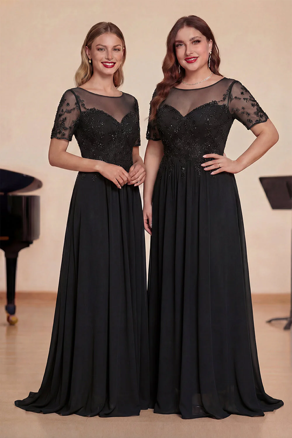 Navy A Line Appliqued Illusion Neck Long Choir Dress with Short Sleeves - Image 6
