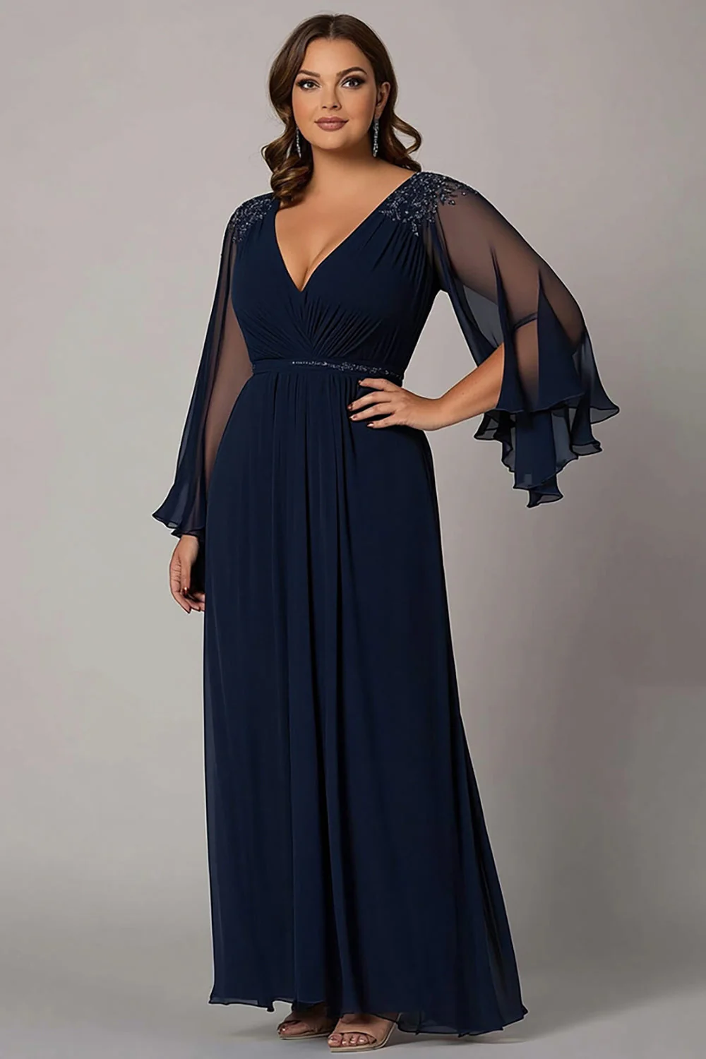 Navy A Line Beaded Chiffon Choir Dress with 3/4 Sleeves - Image 2