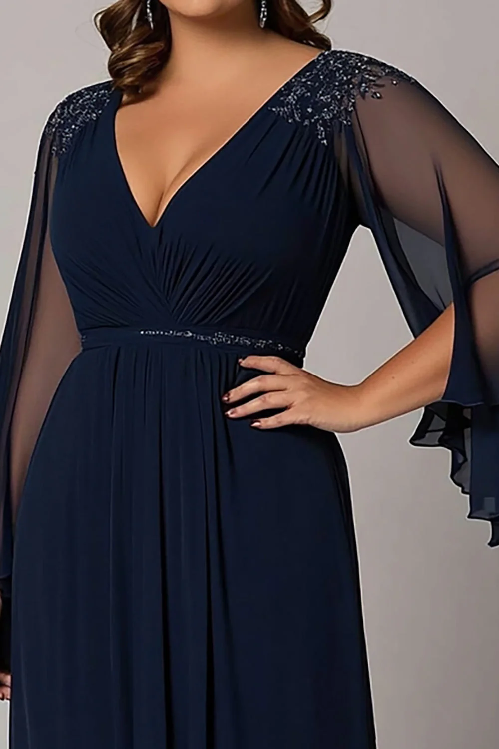 Navy A Line Beaded Chiffon Choir Dress with 3/4 Sleeves - Image 3