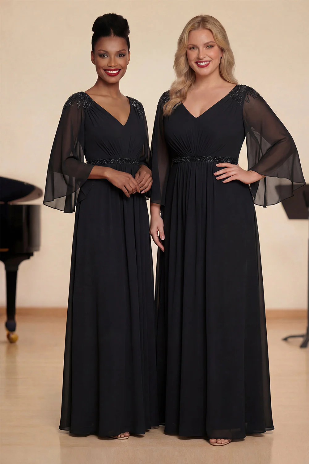 Navy A Line Beaded Chiffon Choir Dress with 3/4 Sleeves - Image 4