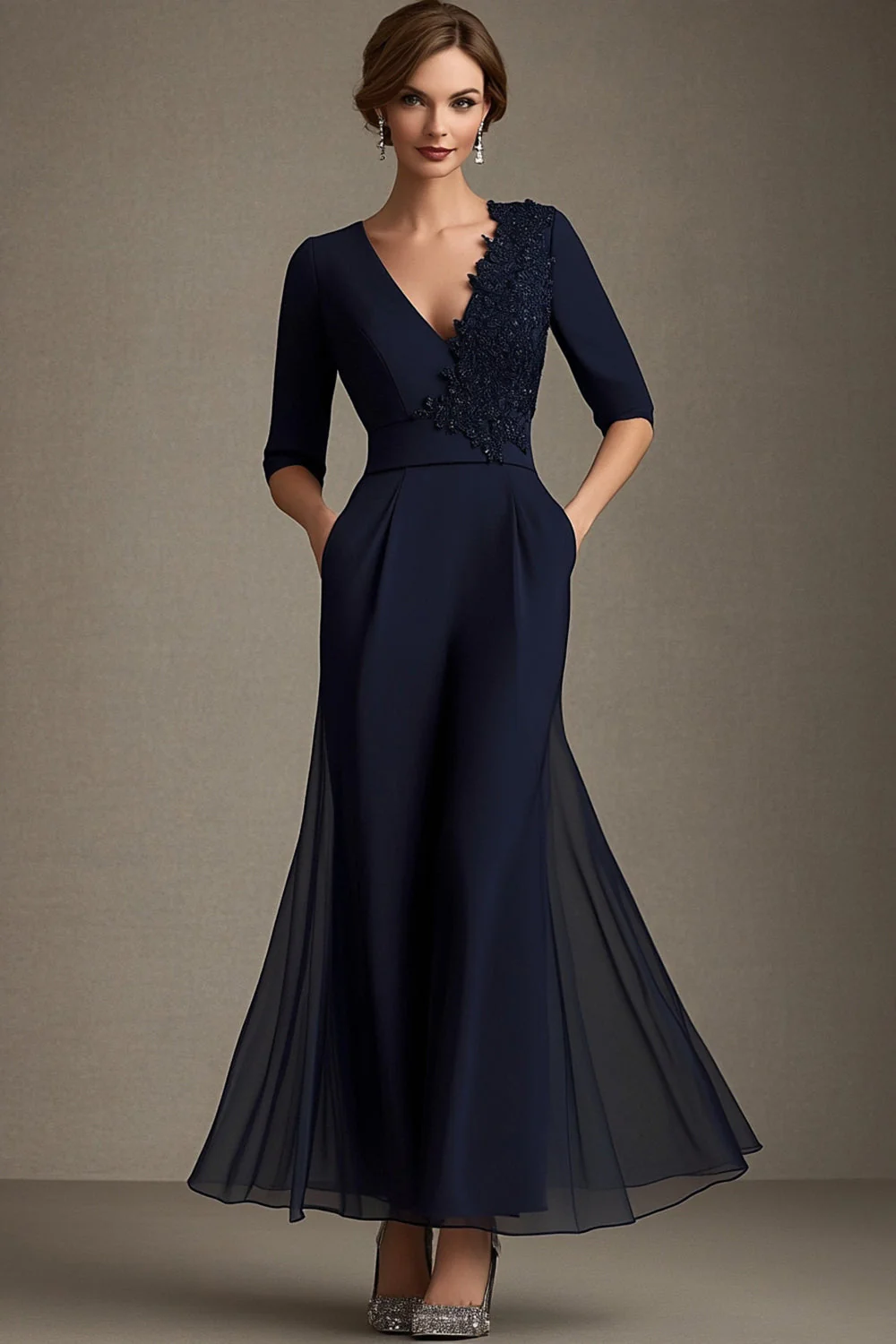 Navy A-Line Chiffon V-Neck Choir Dress with Half Sleeves - Image 2