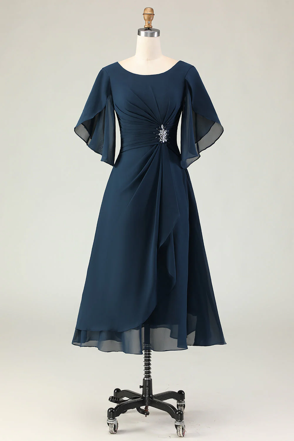 Navy A Line Ruched Chiffon Midi Choir Dress with Beading - Image 2