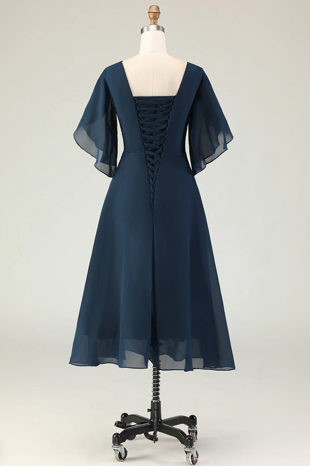 Navy A Line Ruched Chiffon Midi Choir Dress with Beading - Image 3