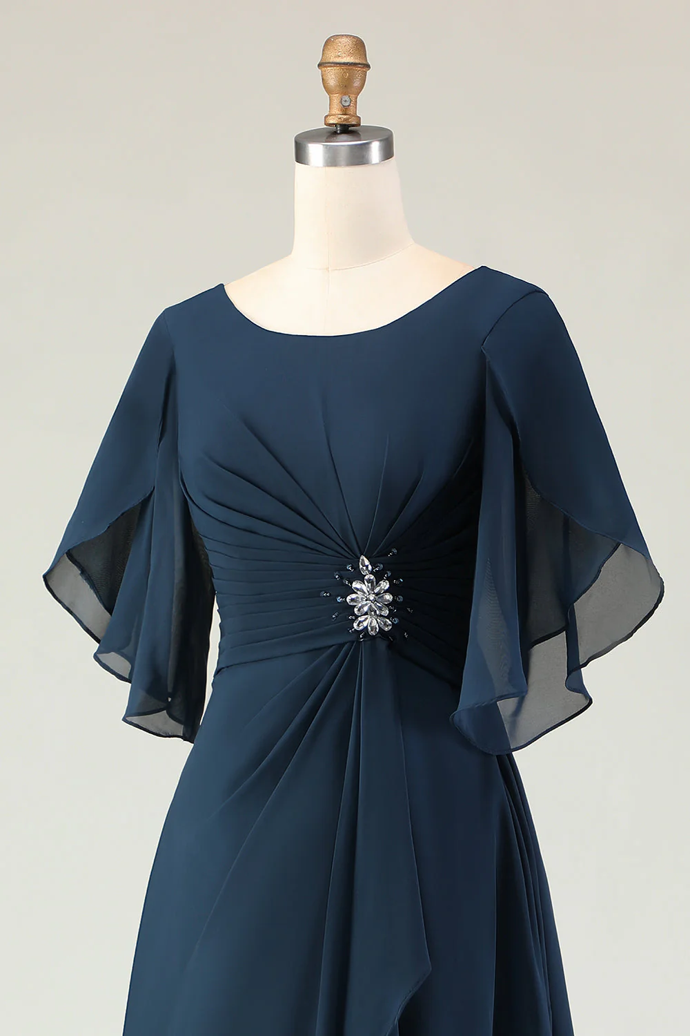 Navy A Line Ruched Chiffon Midi Choir Dress with Beading - Image 7