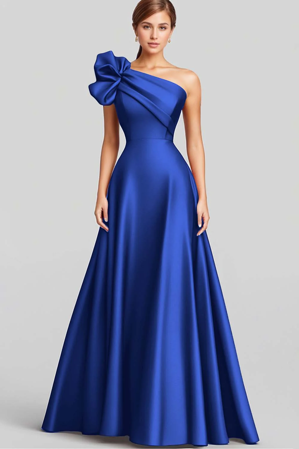 Navy A-Line Ruffled One Shoulder Satin Long Evening Dress - Image 11