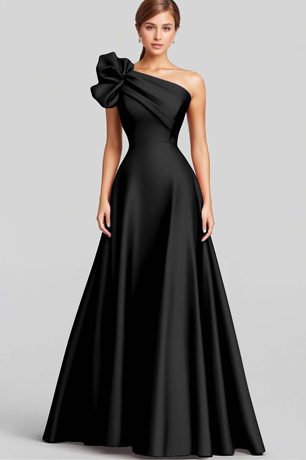 Navy A-Line Ruffled One Shoulder Satin Long Evening Dress - Image 3