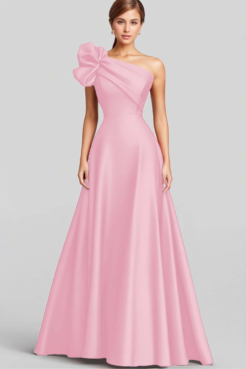 Navy A-Line Ruffled One Shoulder Satin Long Evening Dress - Image 4