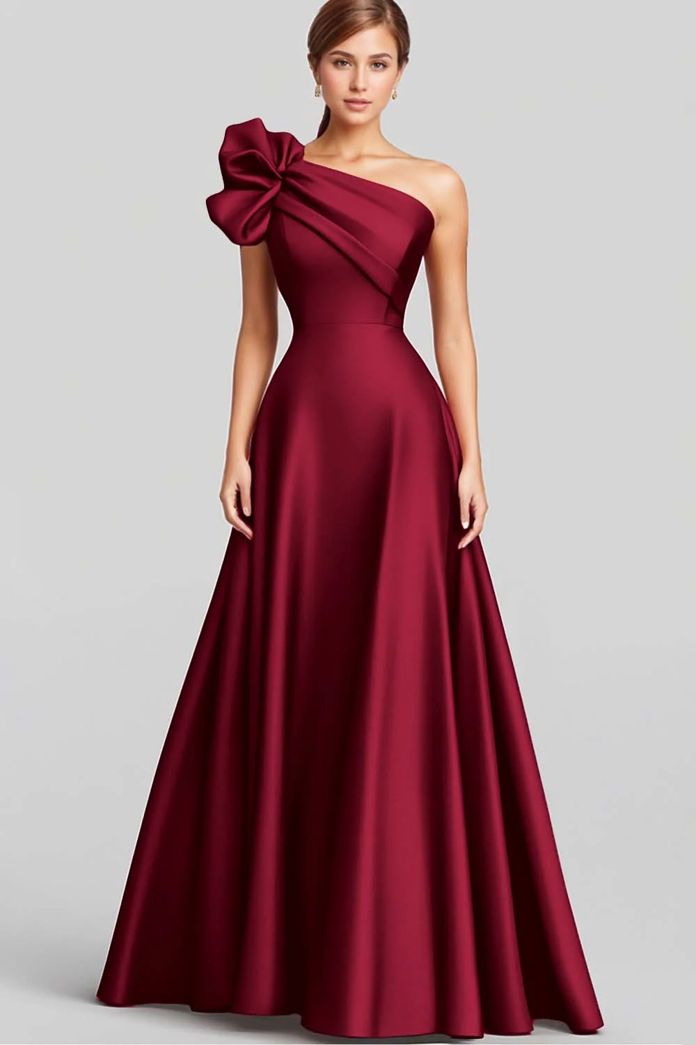 Navy A-Line Ruffled One Shoulder Satin Long Evening Dress - Image 5