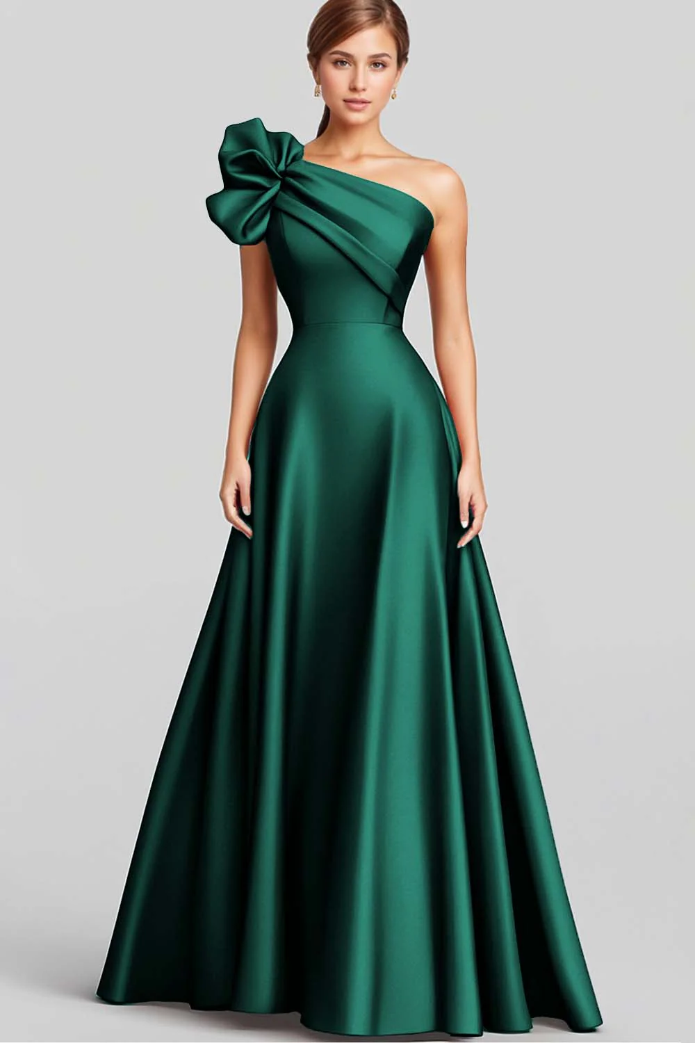 Navy A-Line Ruffled One Shoulder Satin Long Evening Dress - Image 6