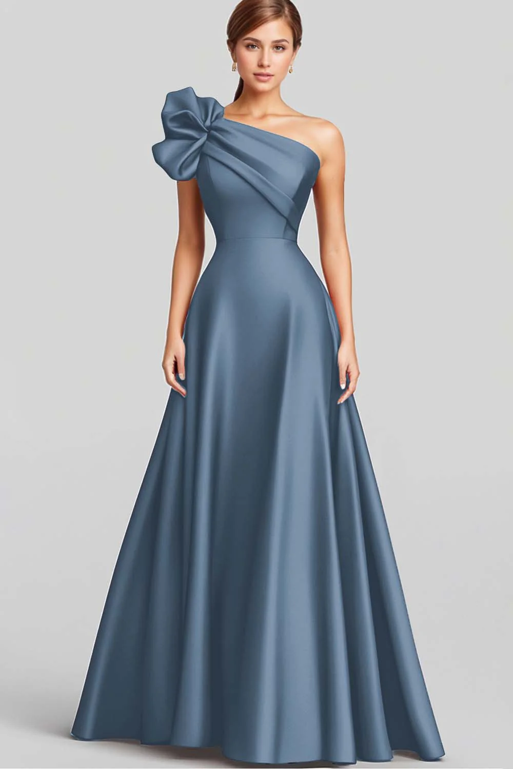 Navy A-Line Ruffled One Shoulder Satin Long Evening Dress - Image 7