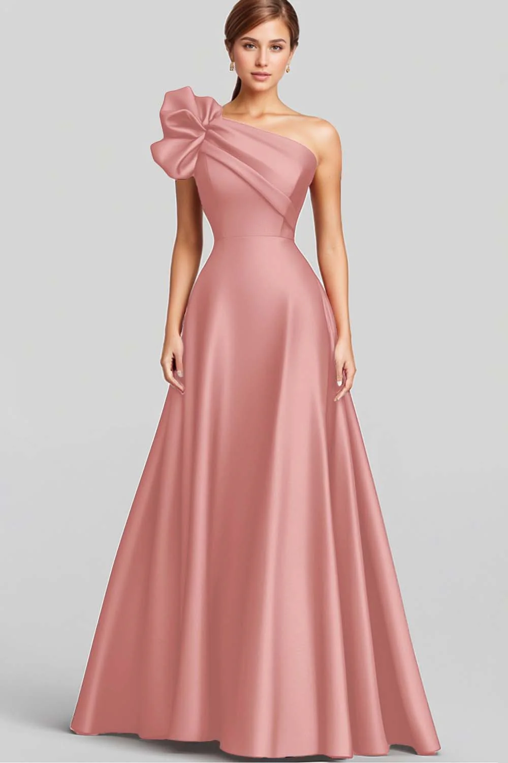 Navy A-Line Ruffled One Shoulder Satin Long Evening Dress - Image 8