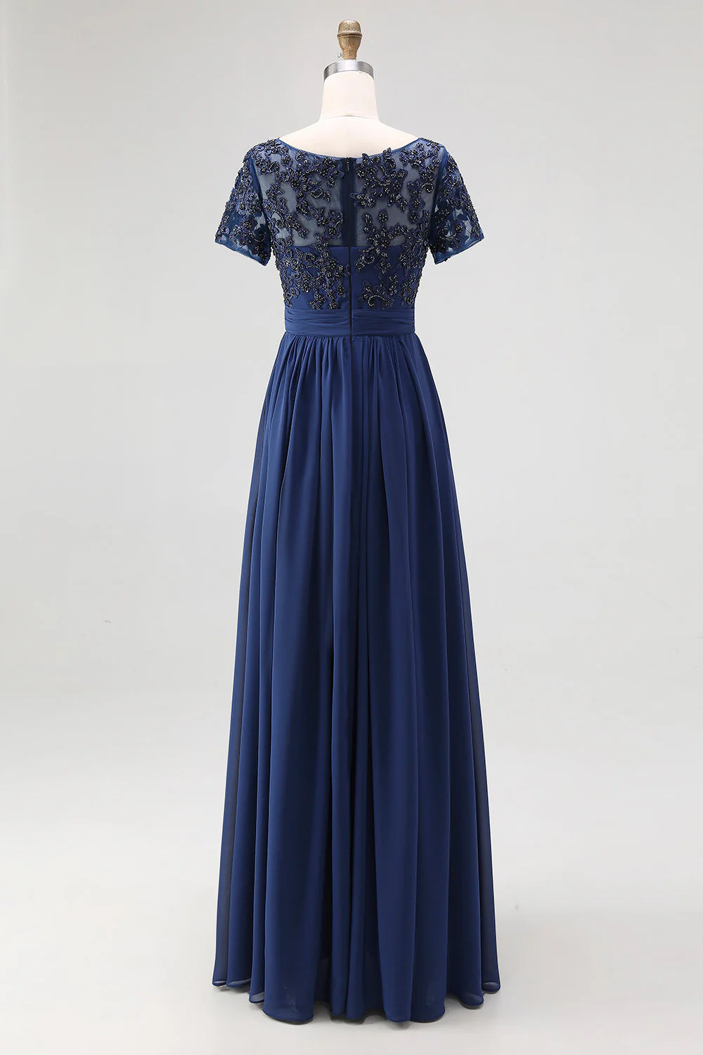Navy A-Line Short Sleeves Long Chiffon Choir Dress with Beading - Image 2