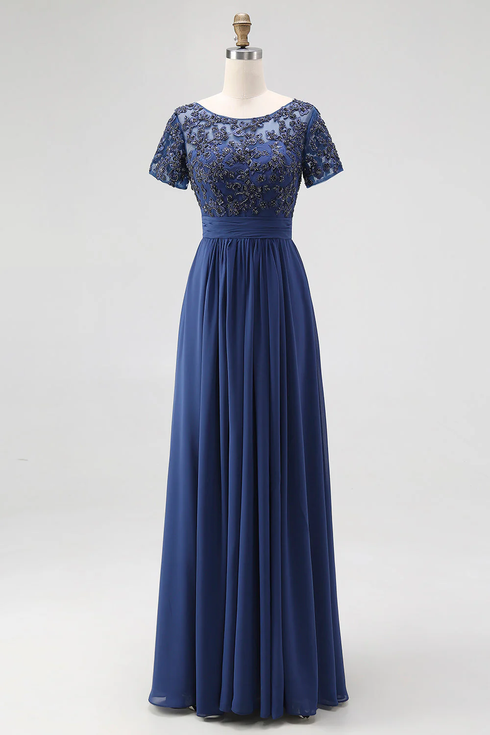 Navy A-Line Short Sleeves Long Chiffon Choir Dress with Beading - Image 3