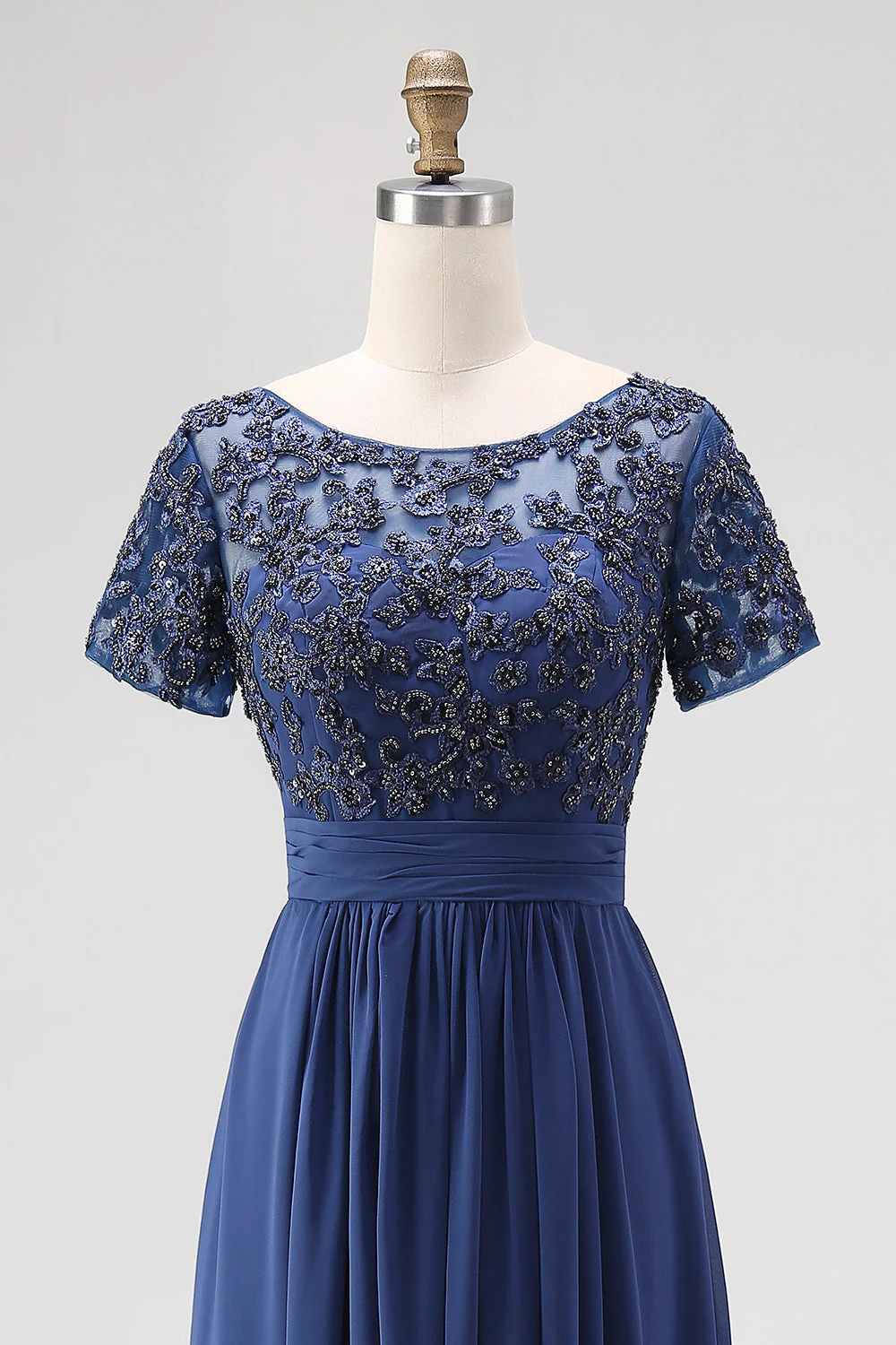 Navy A-Line Short Sleeves Long Chiffon Choir Dress with Beading - Image 5