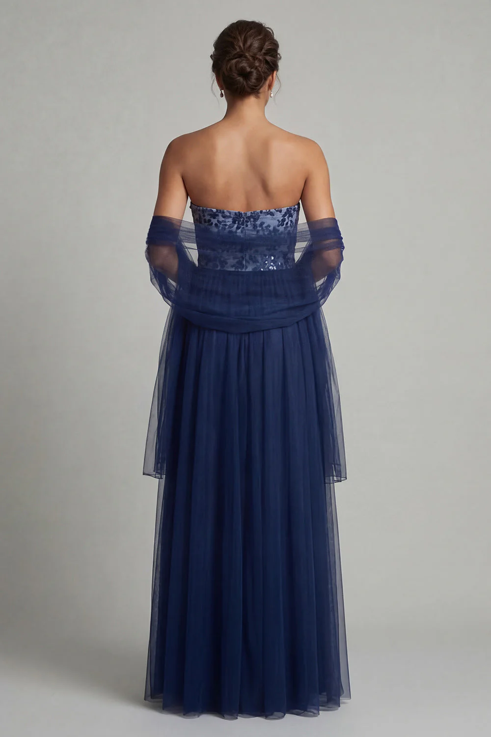 Navy A Line Strapless Long Tulle Mother of the Bride Dress with Streamer - Image 2