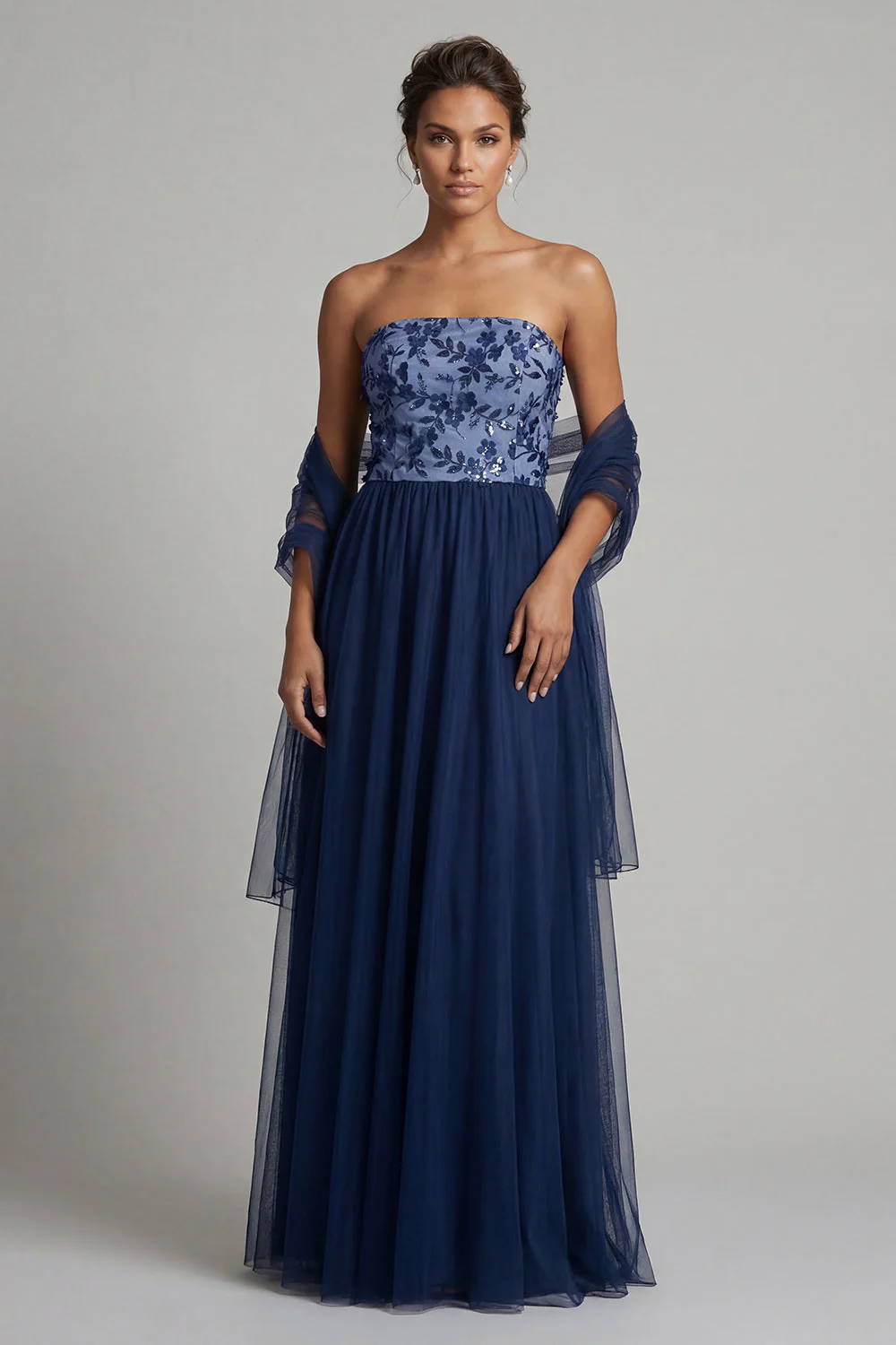 Navy A Line Strapless Long Tulle Mother of the Bride Dress with Streamer - Image 3