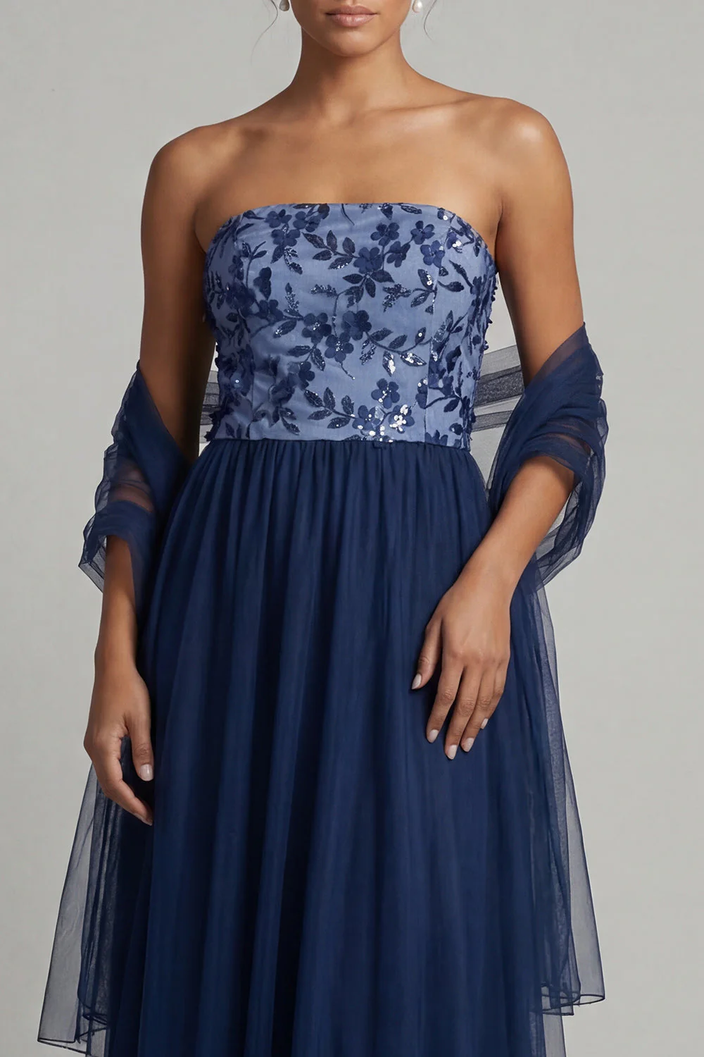 Navy A Line Strapless Long Tulle Mother of the Bride Dress with Streamer - Image 4